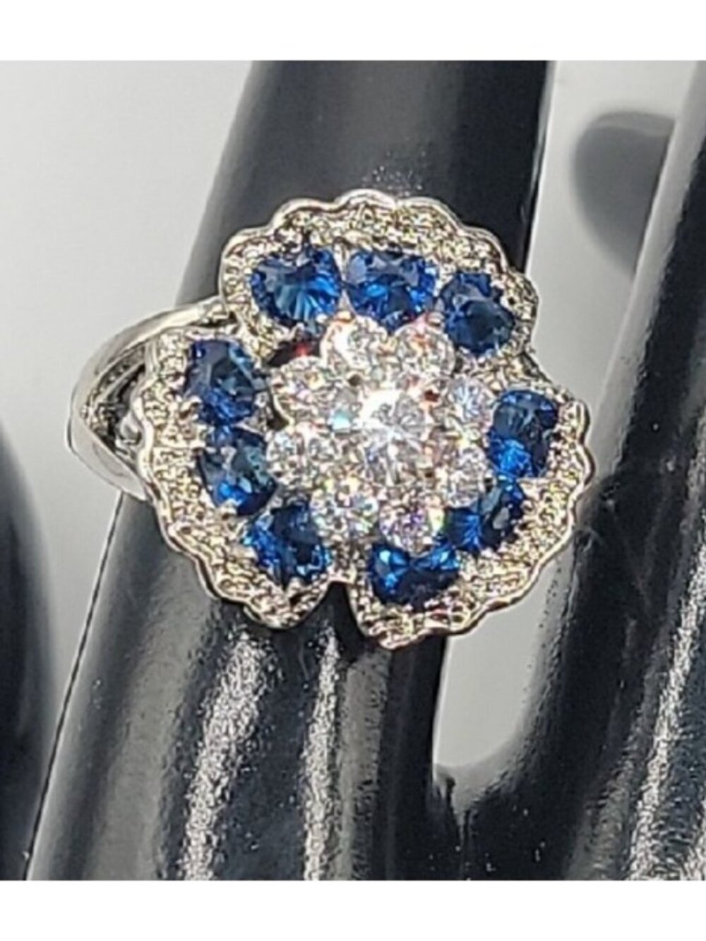 Sterling Silver Crystal Flower Ring Blue Clear Stones 925 Ruffled Petals SZ 9 - Picture 1 of 16